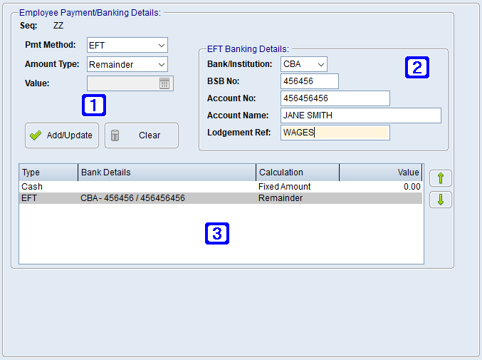 Employee Masterfile Maintenance - Pmt Methods/Bank Details Tab Screen