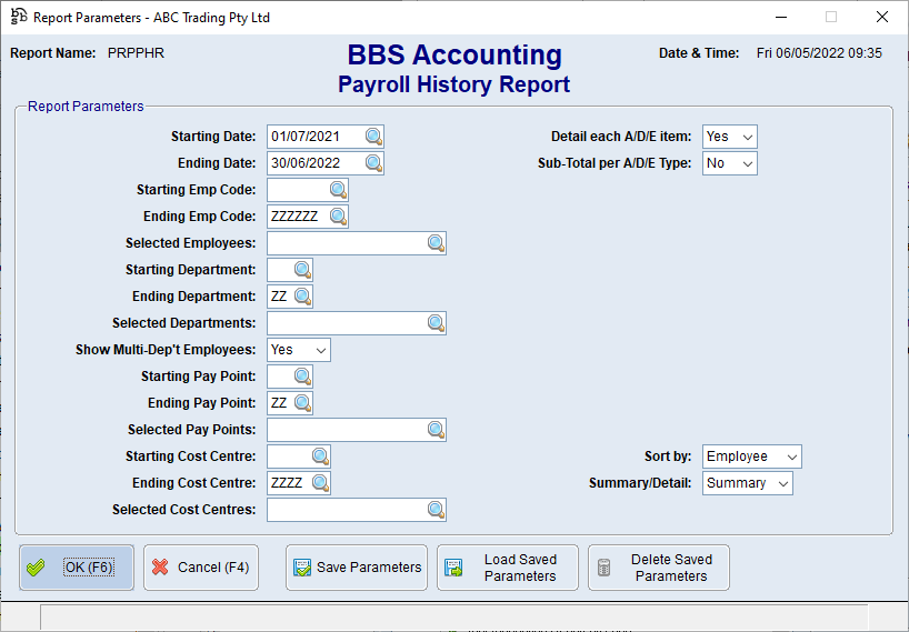 Payroll History Report Screen