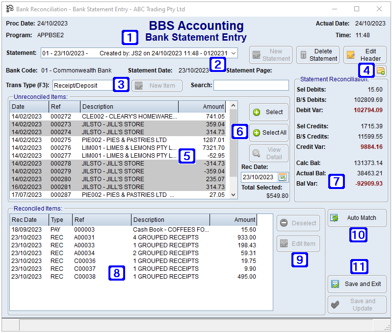 Bank Statement Entry Screen