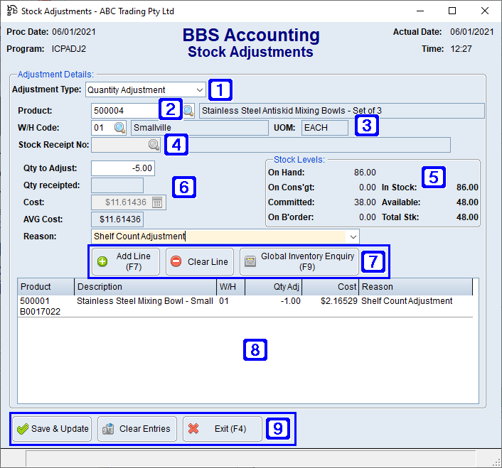 Stock Adjustments Screen