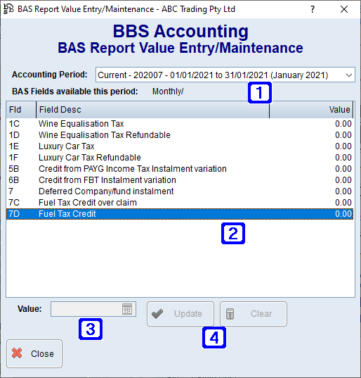 BAS Report Value Entry/Maintenance Screen