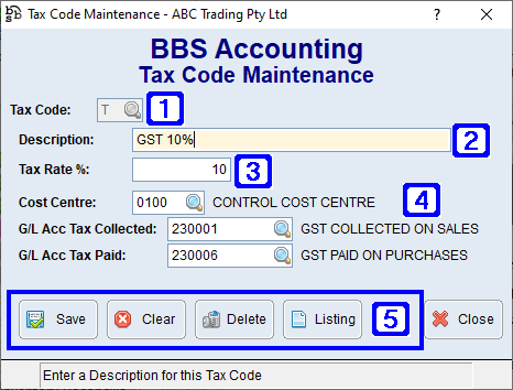 Tax Code Maintenance Screen