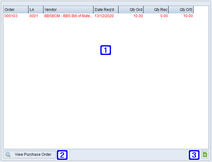 Outstanding Purchase Orders Tab Screen