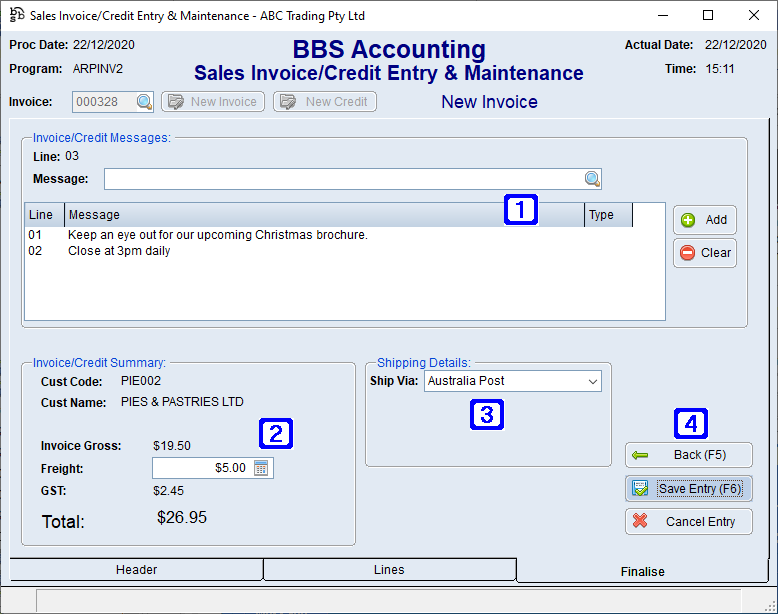 Sales Invoice/Credit Entry & Maintenance - Finalise Tab Screen