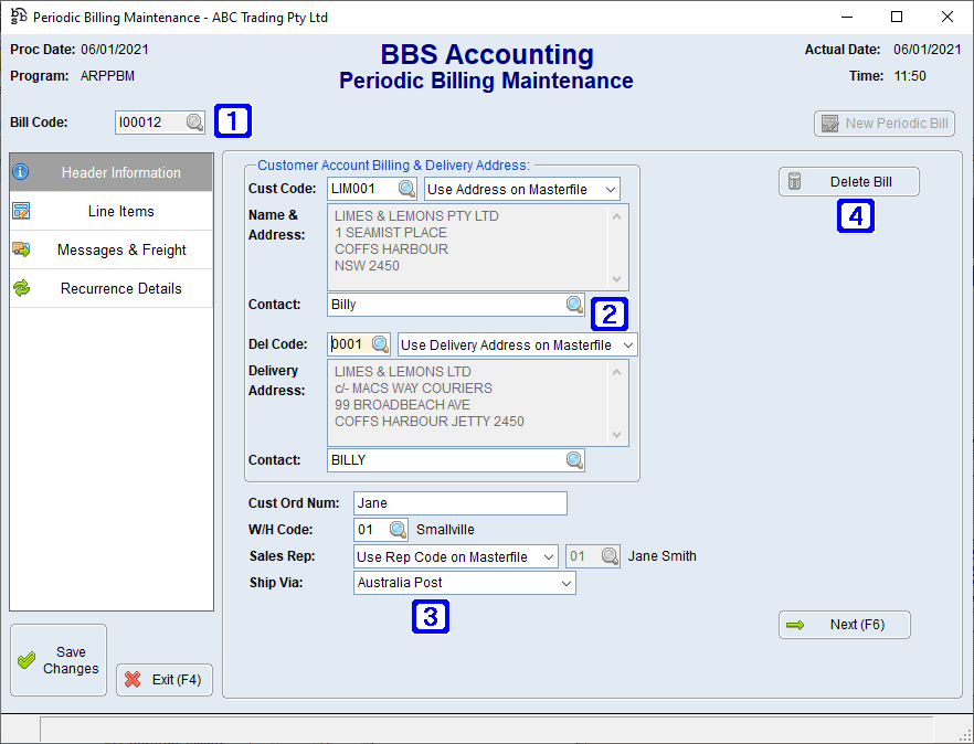 Perodic Billing Maintenance Header Information Tab Screen