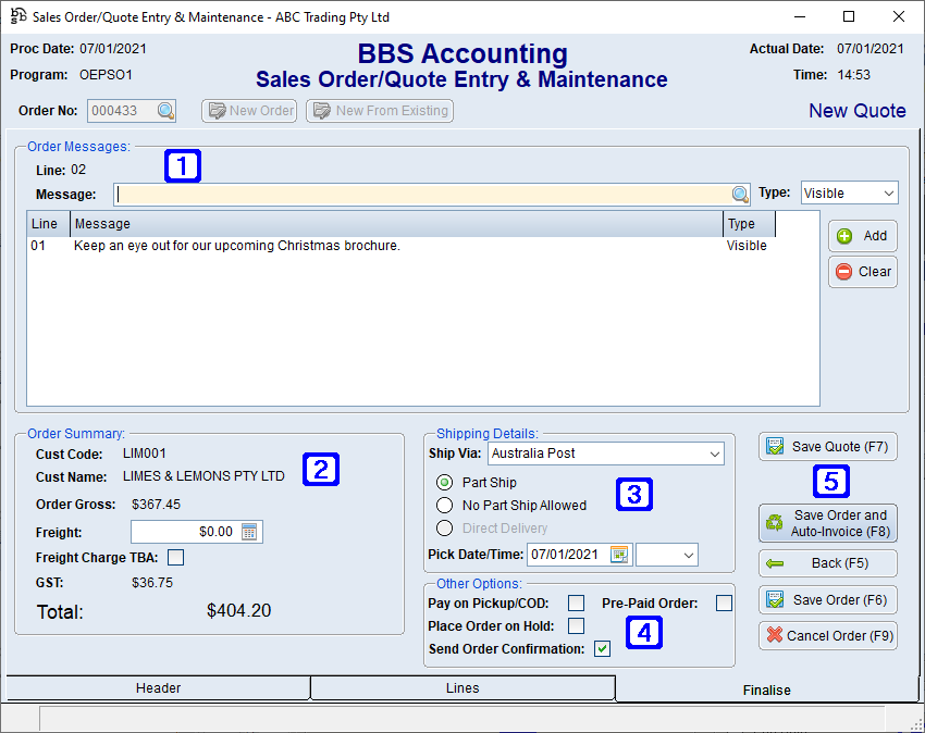 Sales Order/Quote Entry & Maintenance Screen, Finalise Tab