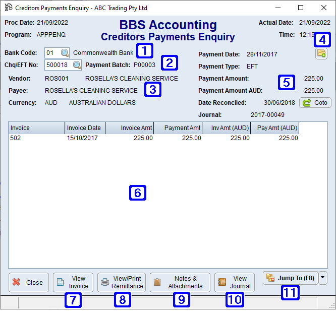 Creditors Payment Enquiry Screen