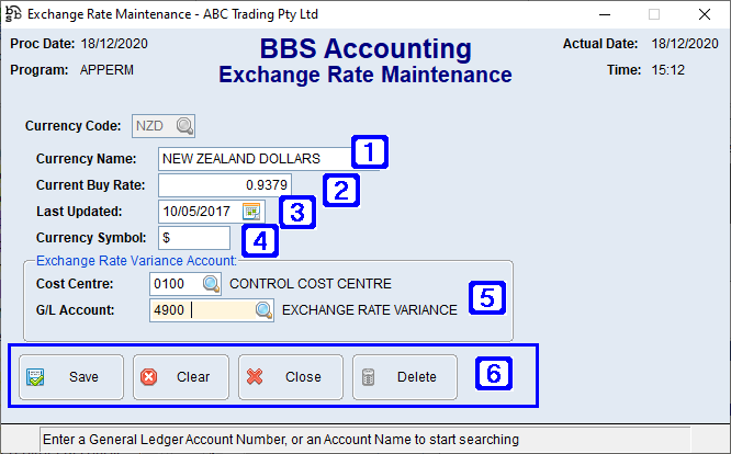 Exchange Rate Maintenance Screen