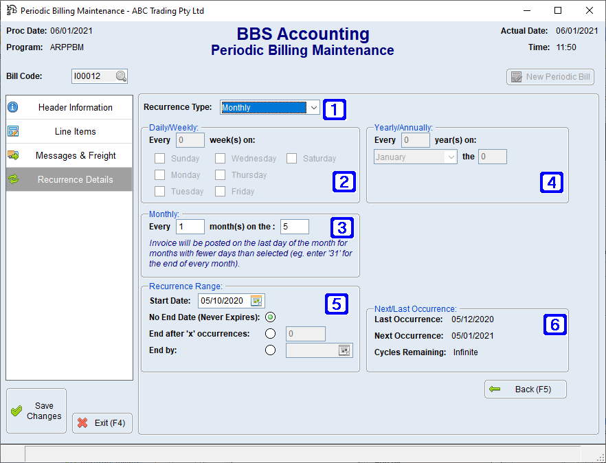 Periodic Billing Maintenance Recurrence Details Tab Screen