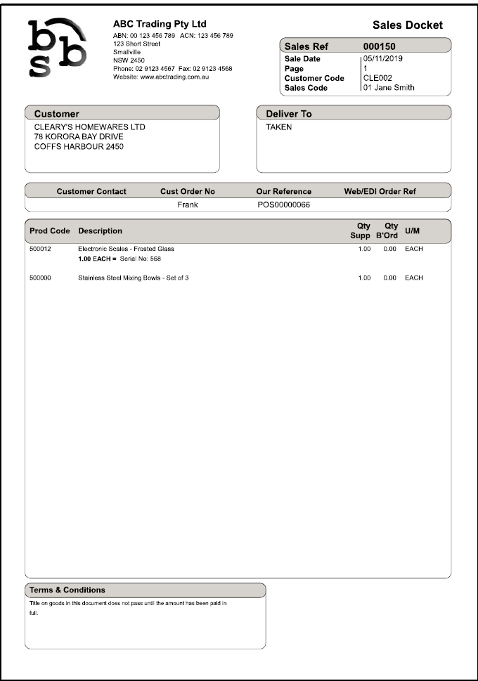 Example of Unpriced Sales Docket