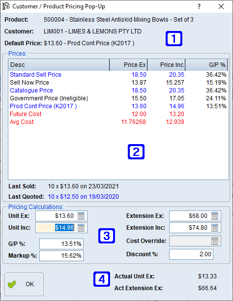 Customer/Product Pricing Pop-Up Screen