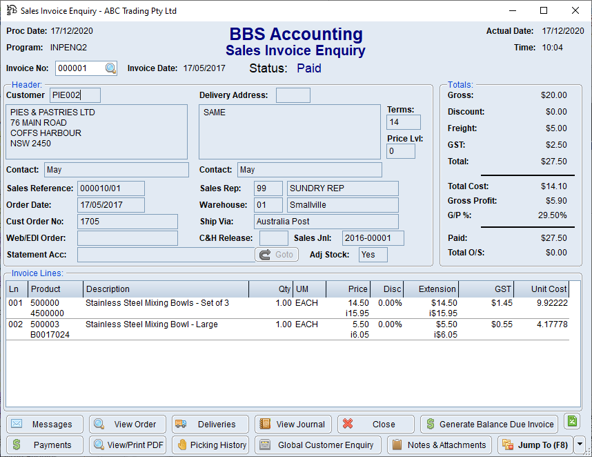 Example of the Global Enquiry looking up an Invoice