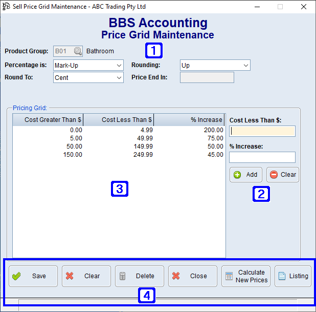 Price Grid Maintenance Screen