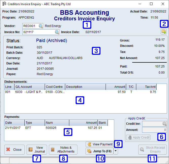 Creditors Invoice Enquiry Screen