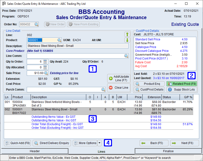 Sales Order/Quote Entry & Maintenance Screen Lines Tab