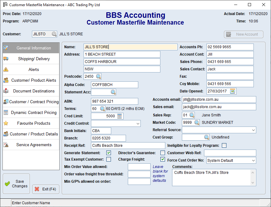 Example of a Masterfile Maintenance Screen