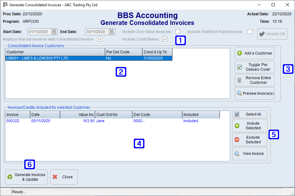 Generate Consolidated Invoices Screen