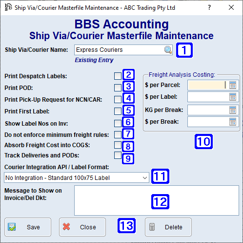 Ship Via/Courier Masterfile Maintenance Screen