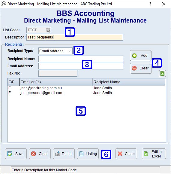 Direct Marketing - Mailing List Maintenance Screen