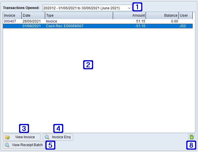 Transactions by Period Opened Tab Screen