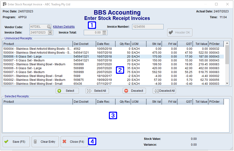 Enter Stock Receipt Invoices Screen