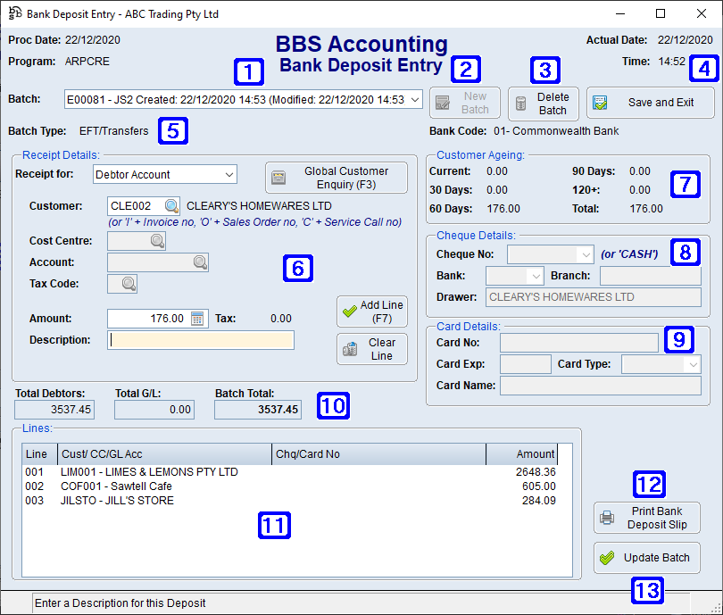 Bank Deposit Entry Screen