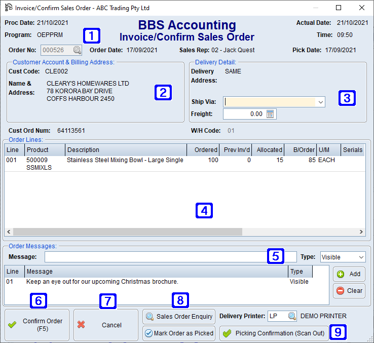 Invoice/Confirm Sales Order Screen