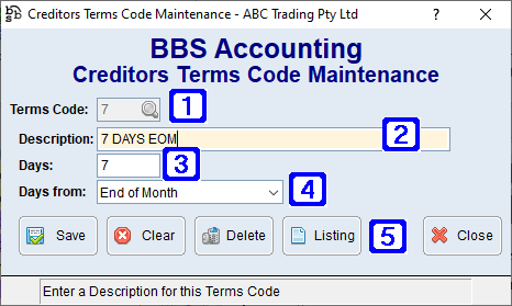 Creditors Terms Code Maintenance Screen