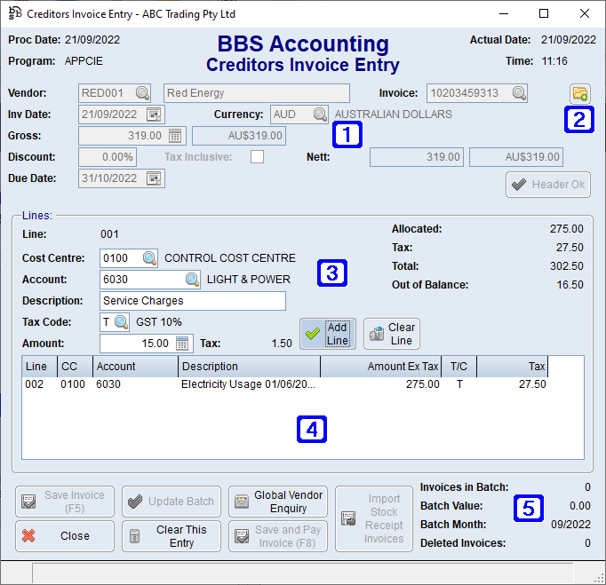 Creditors Invoice Entry/Maintenance Screen