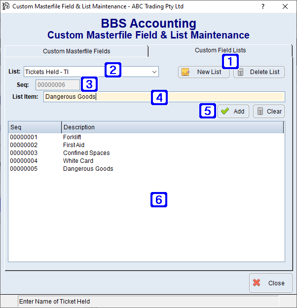 Custom Field Lists Maintenance Screen