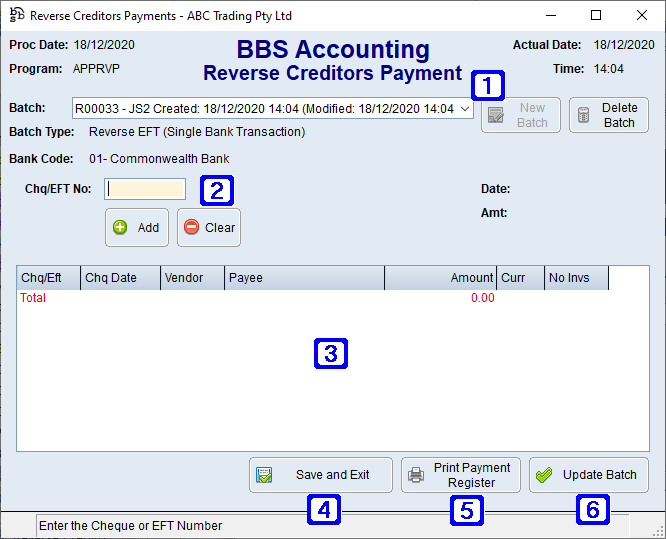 Reverse Creditors Payment Screen