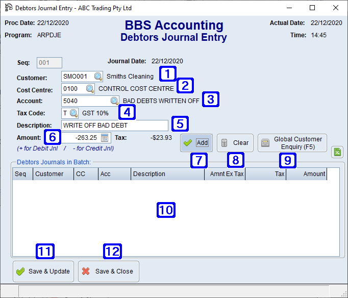 Debtors Journal Entry Screen