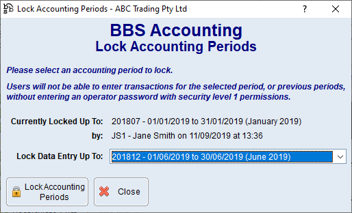 Lock Accounting Periods Screen