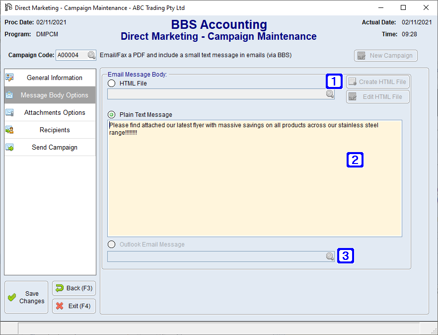 Direct Marketing Campaign Message Body Options Screen