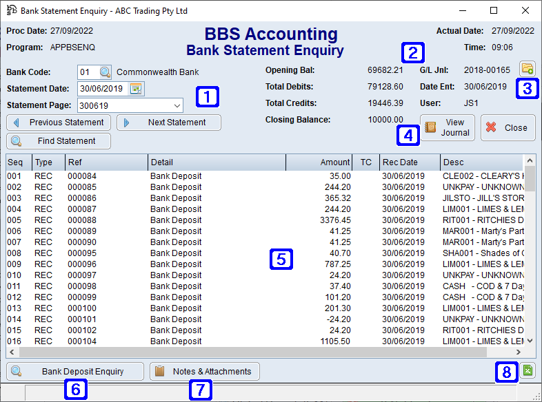 Bank Statement Enquiry Screen