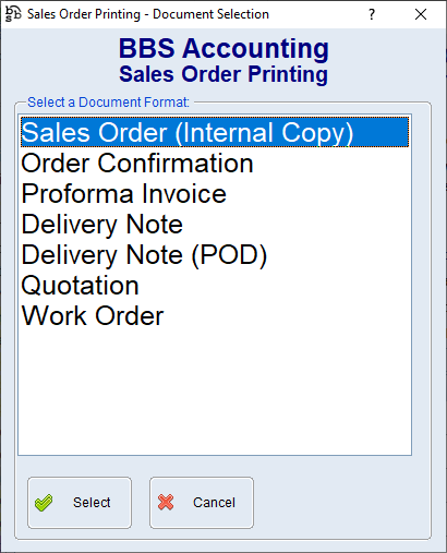 Sales Order Printing Screen