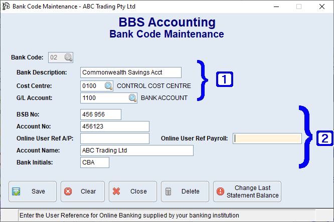 Bank Code Maintenance Screen