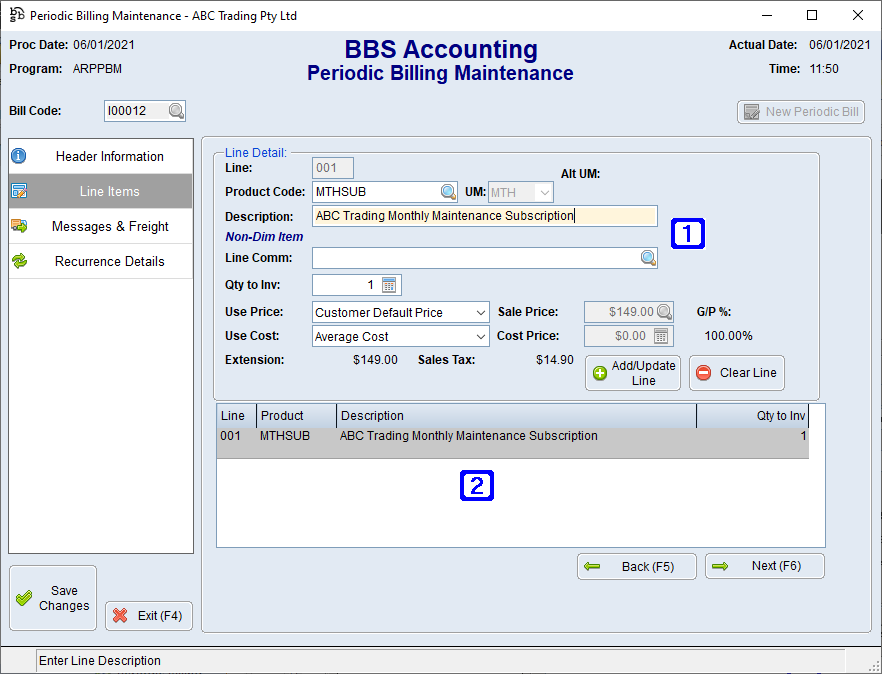 Periodic Billing Maintenance Line Items Tab Screen