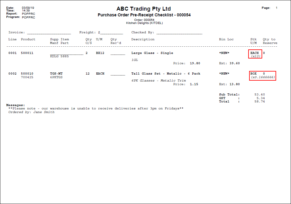 Purchase Order Pre-Receipt Checklist - Example