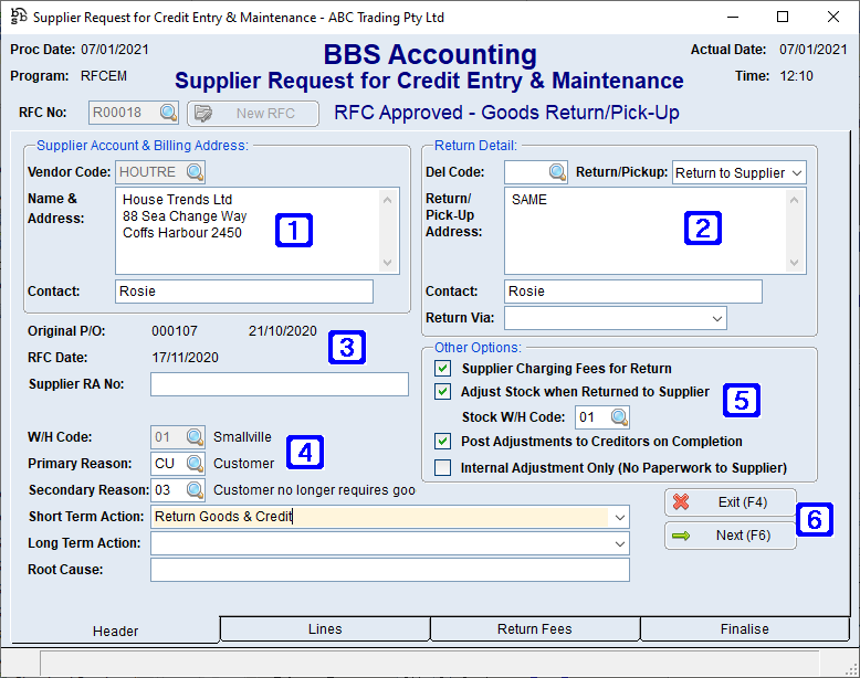 Supplier Request for Credit Entry & Maintenance - Header Tab Screen