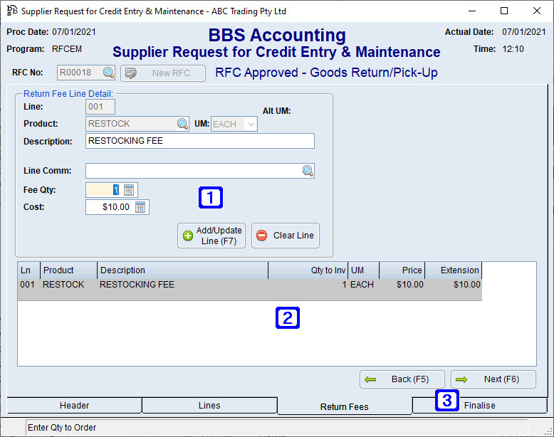 Supplier Request for Credit Entry & Maintenance - Return Fees Tab Screen