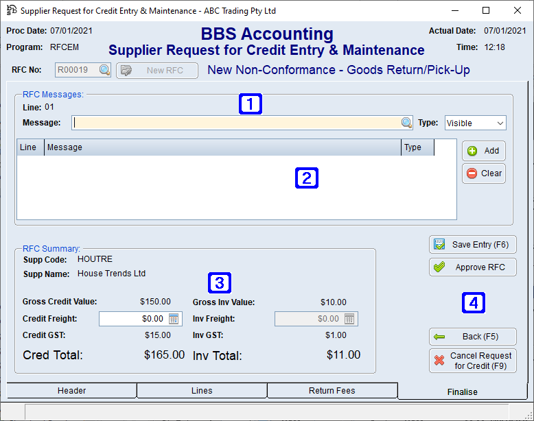 Supplier Request for Credit Entry & Maintenance - Finalise Tab Screen