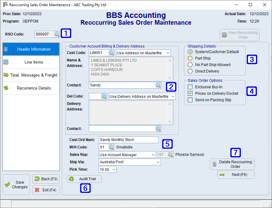 Reoccurring Sales Order Maintenance  - Header Information Screen